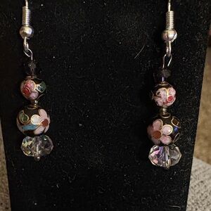 Hand Crafted Cloisonné Floral Beaded Earrings with Purple AB Crystsls